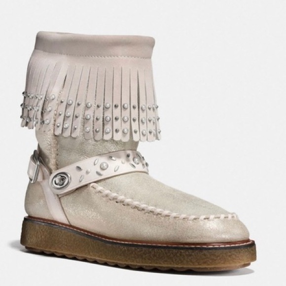 Coach NWOT Roccasin Suede Sherling Fringe Boots - Picture 1 of 7